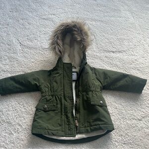 Old Navy Olive Green Puffer Jacket with Fur Hood 18-24 Months